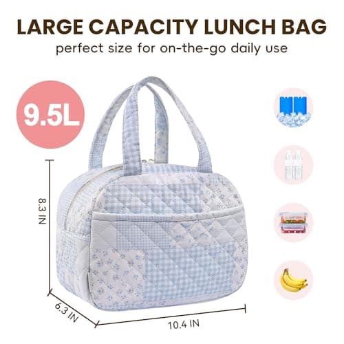 WOBAGMEN Quilted Lunch Box for Women,Lunch Box for Teen Girls,Cute Floral Lunch Bags for Work, School,Office,Picnic,Travel (green blue pin)