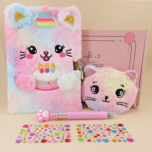 Secret Journal Notebook with Cute Purse Multicolored Pen Gifts for Daughter Grandkid Niece Student PJDRLLC Plush Cat Diary with Lock – Birthday Gift for 6-12 Years Girls B0H34DWW59