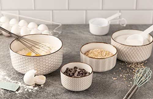 Narbonne Collection, Stackable, For Prep & Serving, 10/17/29/47 oz, Leak-Proof Lids, Steam Vent, Microwave & Dishwasher Safe KooK Ceramic Nesting Bowls with Lids, Embossed Stoneware, Set of 4, Ivory B0BJS6M86W
