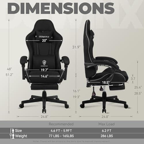 Dowinx Gaming Chair Fabric with Pocket Spring Cushion, Massage Game Chair Cloth with Headrest, Ergonomic Computer Chair with Footrest 290LBS, Black