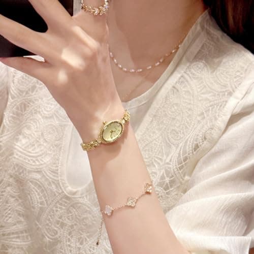 CARLIEN Fashion Vintage Gold Oval Quartz Watches for Women - Alloy Steel Band Slim Bracelet - Roman Numerals Numbers - Dainty Elegant Dress Wristwatch Waterproof
