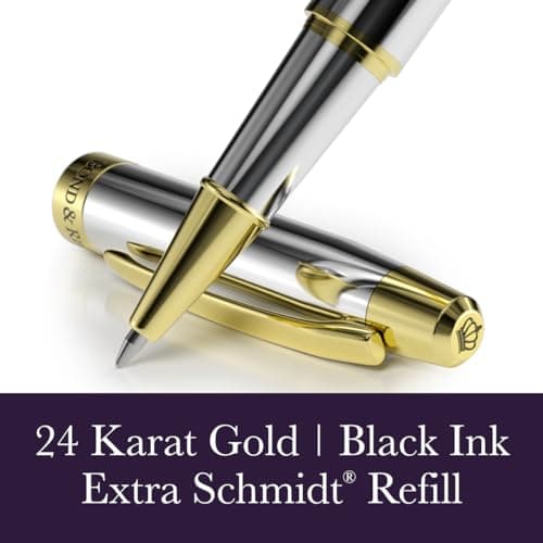 Silver Chrome & 24 Karat Gold | Certified Luxury Grade Rollerball Pen | Nice Gift for Men & Women