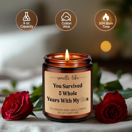 LEADO 5th Wedding Anniversary Candle - 5 Year Marriage Wood Themed Gifts for Husband Wife, 5 Year Anniversary Candle Gifts for Him Her - 5th Anniv. Funny Present for Couple, Women, Men, BF, GF