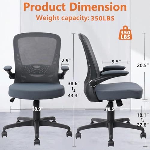 CLATINA Desk Chairs with Wheels, Flip Up Arms Ergonomic Mesh Back Office Chair with Lumbar Support, Adjustable Height Swivel Rolling Computer Task Chairs for School Conference Room Home Study, Grey