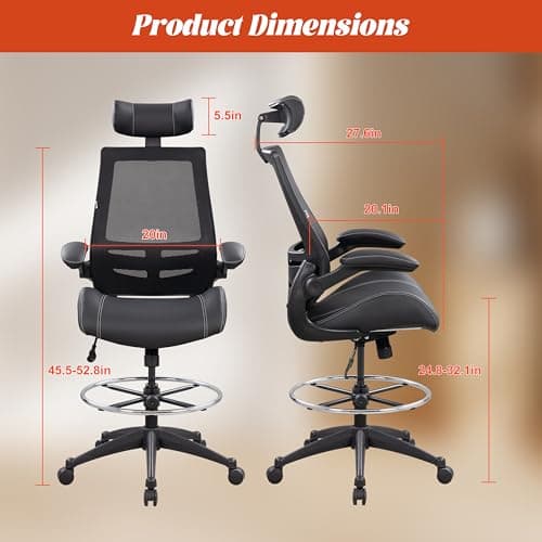 BOLISS Ergonomic Drafting Chair with 4-Level Adjustable Headrest Tall Standing Desk Stool with Soft Microfiber Leather Seat, Breathable Mesh Back, 90° Flip-Up Arms, and Adjustable Foot Ring
