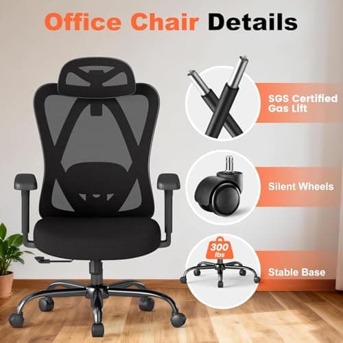 Office Chair Ergonomic Desk Chair,Adjustable Headrest Lumbar Support Computer Chair - Home Office Desk Chairs,300lbs Wide Seat Big and Tall Office Chairs with 3D Armrests, Comfy Desk Chairs (New)
