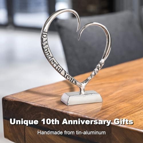 10 Year Anniversary Tin Gifts for Her Him Gift 10th Wedding Anniversary for Couples Wife Husband Men, Hand Forged Tin Aluminum Heart Art Keepsake Home Decor Artwork