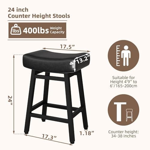 Counter Height Bar Stools Set of 2, 24 Inch Backless BarStools for Kitchen Island Leather Saddle Bar Chairs Kitchen Stools with 4" Thick Seats & Heavy Duty Metal Base, Black