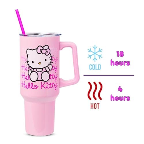 Silver Buffalo Sanrio Hello Kitty Waving Stainless Steel Tumbler with Handle and Straw, Fits in Standard Cup Holder, 40 Ounces