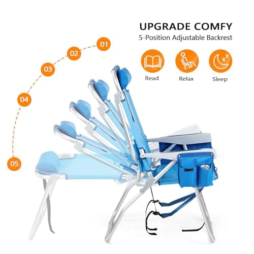 VINGLI Tall Beach Chair 2 Pack Lightweight, Backpack Beach Chair for Adults with 5-Position, Cooler Bag, Cup Holders, Towel Bar, Folding Beach Camping Chairs(16“-Blue)