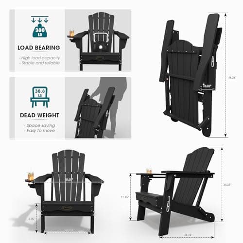 THOEOE Folding Adirondack Chair,HDPE All-Weather Outdoor Chair with Cup Holder,Wooden Textured,Fire Pit Chair,Plastic Patio Chair for Deck,Backyard,Garden,Lawn, Black