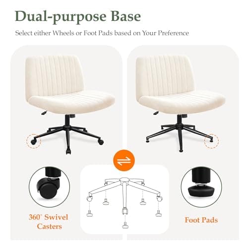 Orange Factory Criss Cross Chair Wheels Wide Cross Legged Office Desk Vanity Dual Base Comfy Fabric Armless Adjustable Swivel for Home Computer Task (Beige Dual Base, Fabric)