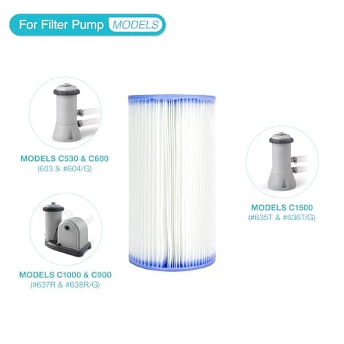 Intex 1000 GPH Easy Set Pool Filter Pump System with GFCI for Above Ground Swimming Pools with Type A & C Filter Cartridge Replacements, (6 Pack)