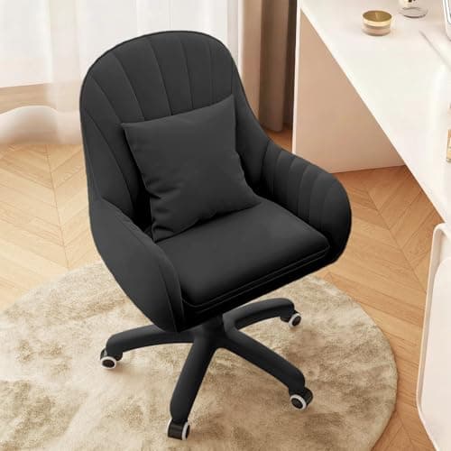 JPBSTO Upholstered Desk Chair with Pillow Swivel Rolling Accent Chair for Women Girls, Adjustable Height Vanity Chair with Wheels for Living Room, Home Office, Black