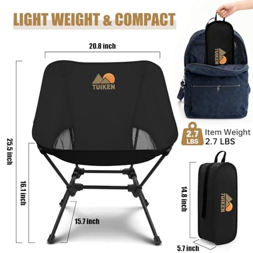 Ultralight Camping Chair Backpacking Chair, Portable Camp Chair with Cup Holder & Storage Bag, Lightweight Compact Folding Chair for Hiking, Travel, Picnic Mountaineering(Deep Black)