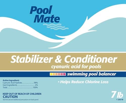 Pool Mate 7-Pounds Premium Pool Stabilizer and Conditioner, Concentrated Cyanuric Acid for Pools, Helps Chlorine Last Longer