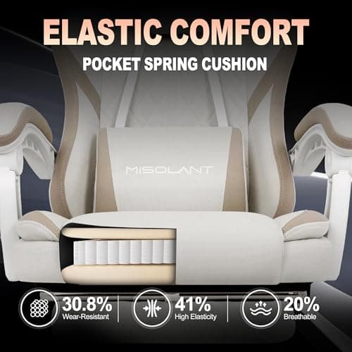 Misolant Gaming Chair, Fabric Gamer Chair with footrest for Adults, High Back Ergonomic Computer Game Chair with Adjustable Headrest and Massage Lumbar Support, 90-155° Recline Free, Beige
