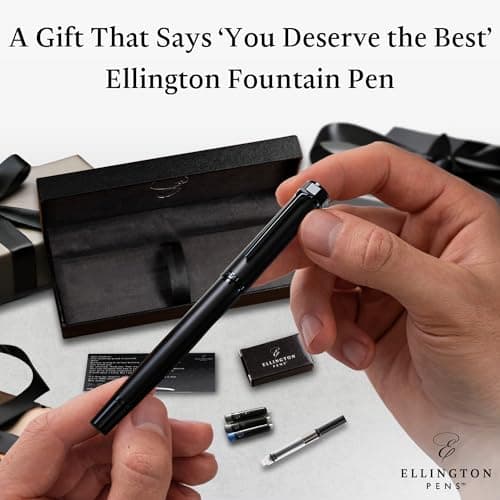 Ellington Pens Luxury Fountain Pen Set - Fountain Pen For Writing - Smooth Medium Nib - Includes Refillable Ink Converter, 3 Ink Cartridges, Gift Box - Calligraphy, Journaling, Sketching (The Stealth)