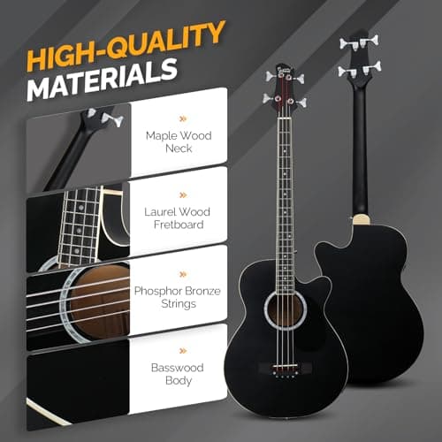 GLARRY Full Size Acoustic Electric Bass Guitar Beginner Kit, Cutaway 4 Strings Electric Acoustic Bass Guitar w/Inbuilt Tuner, Bag, Strap, Picks, Strings, Basswood Bass Guitarra, Matte Black