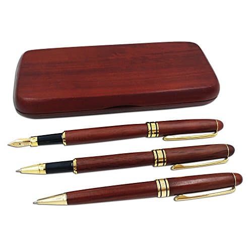 3 Pcs Wooden Pens Set with Gift Case/Best Writing Fountain Fancy Ballpoint Pen and Luxury Gel Pen with Ink Refills, Promotional Business Designer Pens