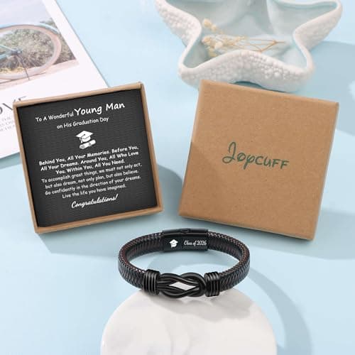 𝗚𝗿𝗮𝗱𝘂𝗮𝘁𝗶𝗼𝗻 𝗚𝗶𝗳𝘁𝘀 𝗳𝗼𝗿 𝗛𝗶𝗺 𝟮𝟬𝟮𝟱 High School, College Graduation Gifts for Men Class of 2025 Leather Stainless Steel Knot Bracelet for Son Boyfriend Brother Grandson Friends