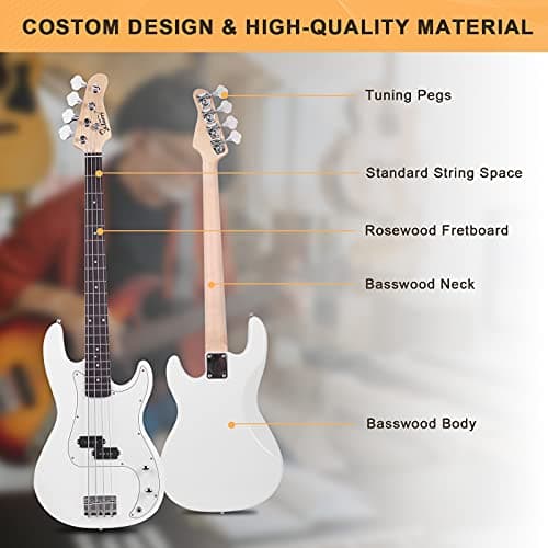 GLARRY Full Size Electric Bass Guitar Beginner Kit 4 String Exquisite Basswood Bass with 20W AMP, Cable, Strap, Bag and Accessories (White, 39"Right Handed)