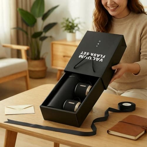 Black Vacuum Flask Gift Set, Stainless Steel Insulated Water Bottle w/ 3 Cups, Hot & Cold Drinks Coffee Thermo Water Bottle, Reusable Thermal Cup for Outdoor Camping Travel, Termos para Agua Fria,17oz