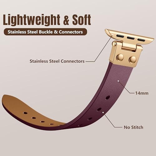 SNBLK Slim Leather Band Compatible with Apple Watch Bands for Women 40mm 41mm 42mm 44mm 46mm 49mm 38mm 45mm, Dressy Top Grain Genuine Leather Strap for iWatch SE Series 11/10/9/8/7/6/5/4/3/2/1 Ultra