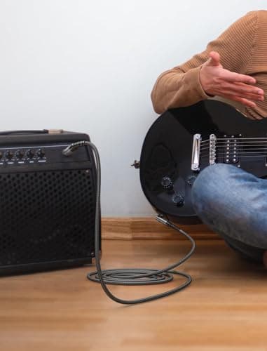 JSAUX Guitar Cable 10 ft, Amp Cord for Electric Guitar/Mandolin/Bass, Pro Audio Instrument Cable with 1/4" Tips(TS Port) Right Angle to Straight-Gray