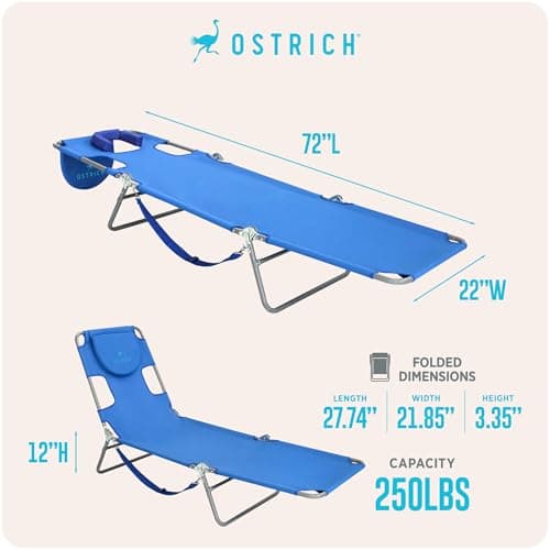 Ostrich the Original Chaise 72 x 22 Inch Lounge Portable Reclining Lounger, Outdoor Patio, Beach, Lawn, Camping, or Pool Tanning Chair, Ocean Blue