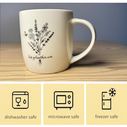 Best Godmother Ever Mug 12 Ounces Ceramic Coffee Cup Floral Beige with Keychain, Gift for Godmother Birthday, Mother’s Day, Christmas from Godchild
