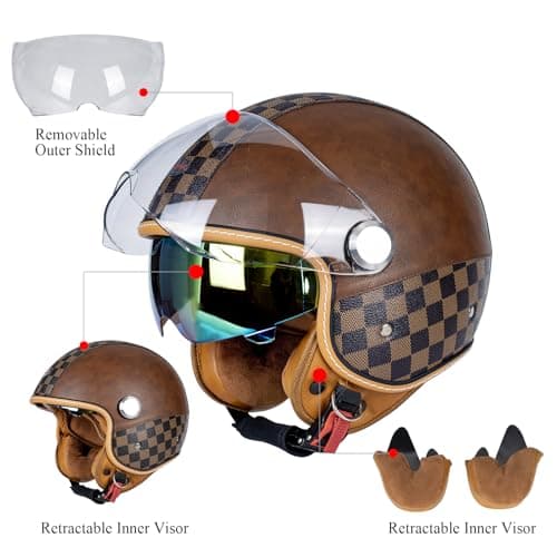 Dual Visor 3/4 Open Face Motorcycle Helmet for Men & Women, DOT Approved Unisex Retro Half Helmet,Motorbike Casco for Moped Cruiser Bobber and Chopper