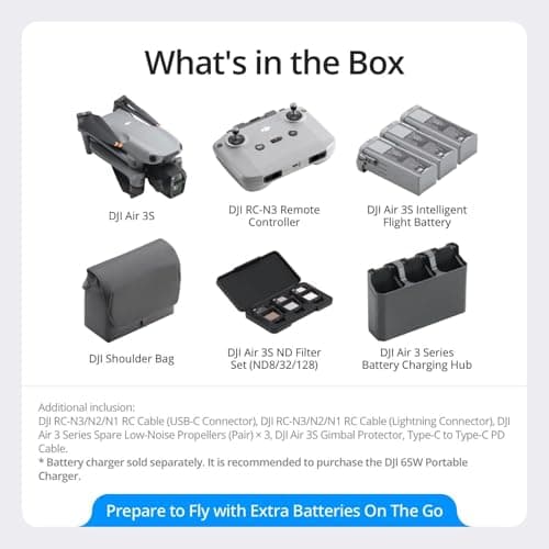 DJI Air 3S Fly More Combo (RC-N3), Drone with 1" CMOS Wide-Angle & Medium Tele Camera, 4K/60fps HDR Video, Nightscape Omnidirectional Obstacle Sensing & 3 Batteries for Extended Flight Time