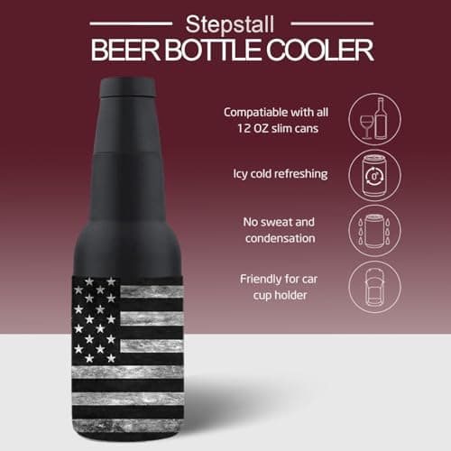 Stepstall Can Cooler Beer Bottle Holder with Beer Opener, 4-in-1 Design Slim Can Beer Bottle Insulators, Double Walled Stainless Steel Insulated, 12 OZ Beer Gifts for Men Father(Black American Flag)