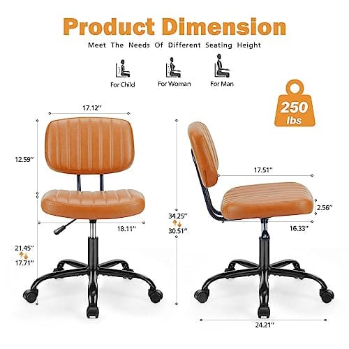 Sweetcrispy Small Office Desk Chair - Armless PU Leather with Comfy Lumbar Support, Height Adjustable Rolling Swivel Task for No Arms, for Adult, Student, Bedroom, Home, Vanity, Brown