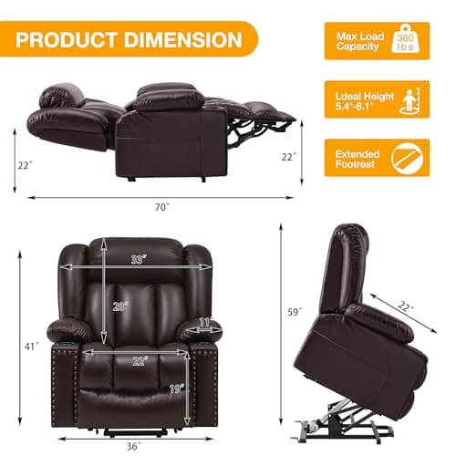 Triple Motor Large Power Lift Recliner Chair for Elderly with Heat and Massage, Lay Flat Lift Chairs for Seniors Infinite Position, Extended Footrest, USB Ports (Dark Brown)