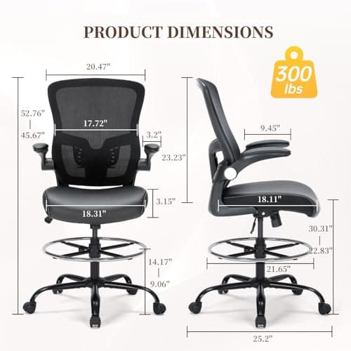 Drafting Chair, Tall Office Chair with PU Leather Seat, Ergonomic Standing Desk Chair with Lumbar Support Counter Height Office Chair with Adjustable Footrest Ring Flip-up Armrests