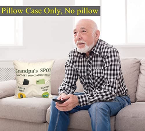Grandpa Gifts,2-Pocket Grandpa’s Spot Throw Pillow Covers 18x18 Inch + Engraved Spoon, Fathers Day Birthday Christmas Thanksgiving Day Gifts for Papa, Granddad