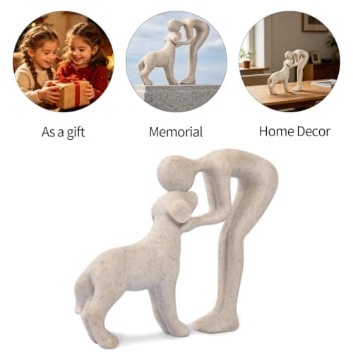 abstract sculpture celebrating the bond between person and pet. Intimate head-to-head Touching memory keepsake for dog lovers Abstract Person and Dog Head-to-Head Figurine Sandstone B0D9JVYT9V