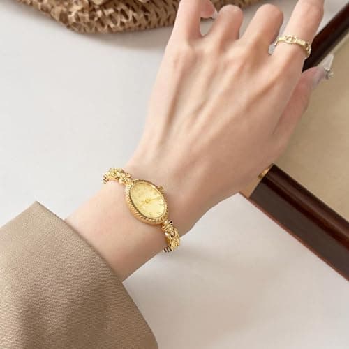 CARLIEN Fashion Vintage Gold Oval Quartz Watches for Women - Alloy Steel Band Slim Bracelet - Roman Numerals Numbers - Dainty Elegant Dress Wristwatch Waterproof