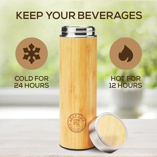 LeafLife Premium Bamboo Tea Bottle for Loose Tea - Tea Infuser Bottle - Tea Gifts - Insulated Water Bottle/Coffee Tumbler/Tea - Tea Gift Set, Tea Accessories - Tea Tumbler 17oz