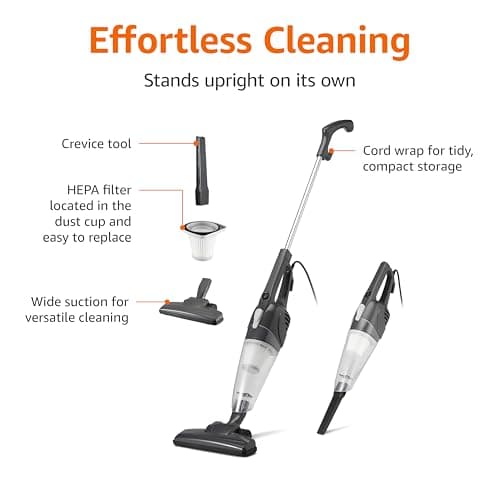 Amazon Basics 2-in-1 Corded Stick Vacuum Cleaner, Convertible to Handheld, Lightweight (3.9 LBS), with Washable HEPA Filter, Crevice Tools, 0.5L Dust Cup, 19.7-Ft Cord, 300W, Black