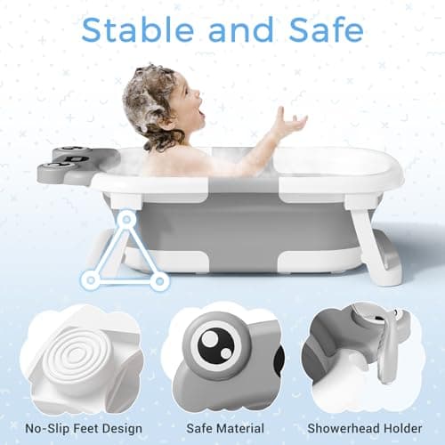 BUNWAG Baby Bathtub, Collapsible Newborn Bathtub for Infant to Toddler with Soft Cushion and Thermometer,Portable Travel Newborn Tub with No-Slip Feet, Baby Shower Gifts, 0-12 Months Baby Bath, Grey B0CTJXJL4T