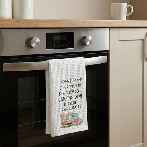 Camping Kitchen Towels 16x24 Waffle Weave, I Never Dreamed I’d Grow Up to Be a Super Sexy Camping Lady Dish Towels, Camp RV Gifts for Women, Gifts for Campers -A01 B0FFMWD7JP