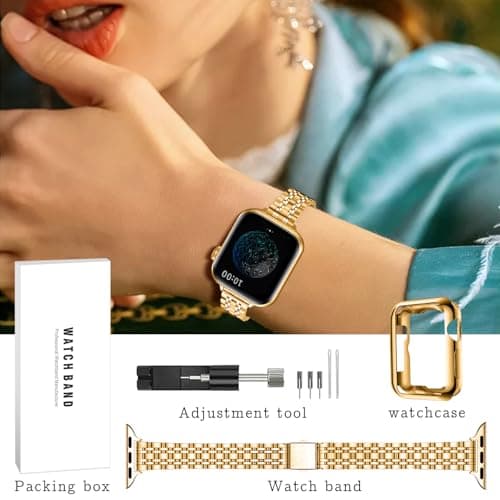 Slim Watch Band Compatible with Apple Watch 41mm 45mm 42mm 44mm 40mm 38mm Metal Stainless Steel Watchband Suitable for iWatch 10/9/8/7/6/5/4/3/2/1/SE Series Women Luxury Strap