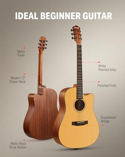 Donner 41” Acoustic Guitar Bundle for Beginners Adults with Online Lesson, 4/4 Full Size Steel Acustica Guitarra with Gig Bag, Tuner, Strap, Strings, Picks, Capos, Cutaway, Natural, DAG-1C/DAD-110C
