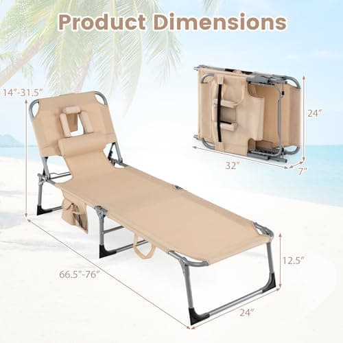 COSTWAY Tanning Chair with Face Hole, Folding Beach Lounge Chair with 4-Position Adjustable Backrest, Pillow & Side Pocket, Foldable Chaise Lounge Chair Outdoor for Sunbathing, Camping (1, Beige)