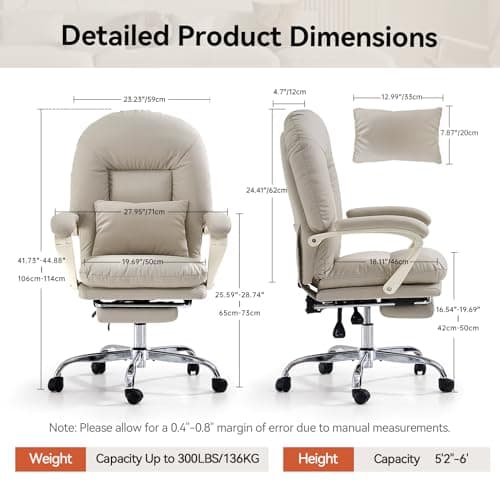 EMIAH Ergonomic Office Chair with Foot Rest Criss Cross Chair with Wheels Reclining Executive Office Chair Mid Back PU Leather Swivel Computer Chairs Lumbar Support for Home Office (Beige)