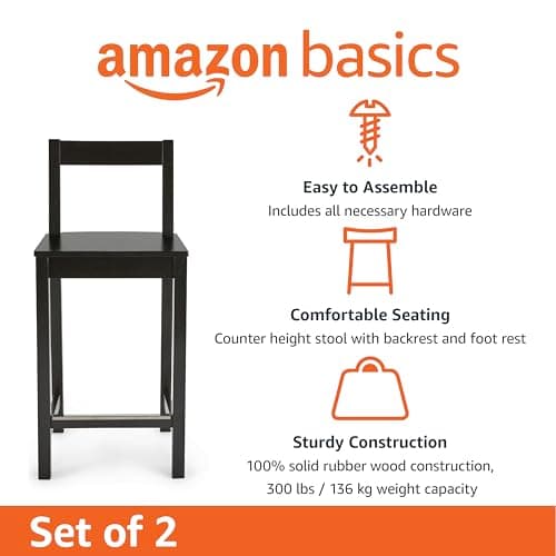 Amazon Basics Wooden Counter Height Bar Stool with Backrest for Kitchen Island, 24", Black, Set of 2