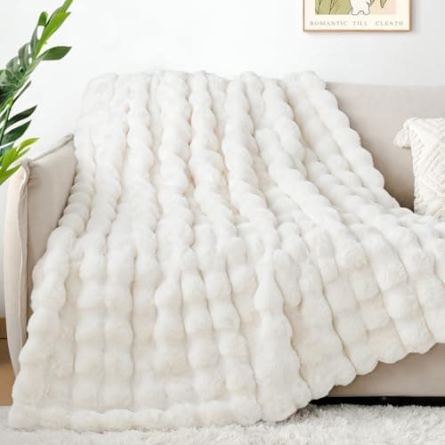 Touchat Luxury 1000GSM Faux Rabbit Fur Throw Blanket, Super Heavy Warm Cozy Blankets for Couch Bed Sofa, Bubble Plush Fuzzy Elegant Soft Reversible Mink Blanket for Living Room Bedroom, Cream White